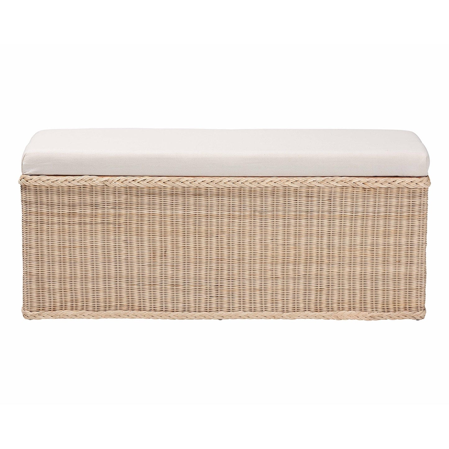 Braided Natural Rattan Storage Bench with Cushioned Lift-Top Lid