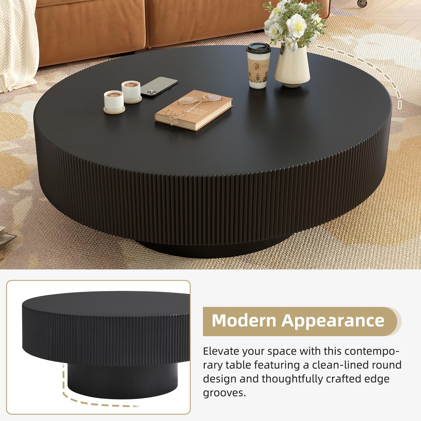 WILLIAMSPACE 43.31" Rectangle Coffee Table with Burl Wood Veneer & Sturdy Base, Modern Luxury Wood Drum Center Table End Table Accent Side Table for Living Room, Minimalist Fluted Design, Oak