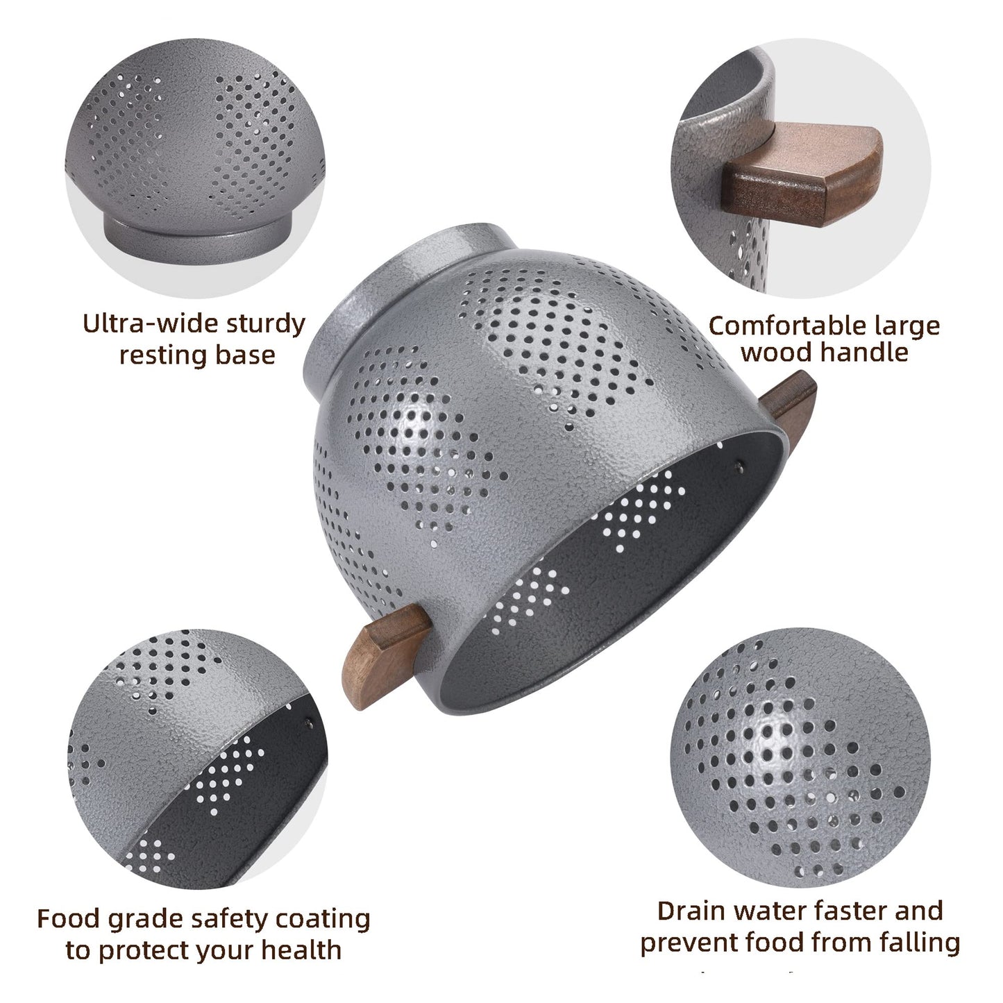 Metal Colander with Wood Handle and Stable Base, Powder Coated Steel Kitchen Strainer Basket for Draining Pasta, Vegetable and fruit(7quart,Sandyellow)