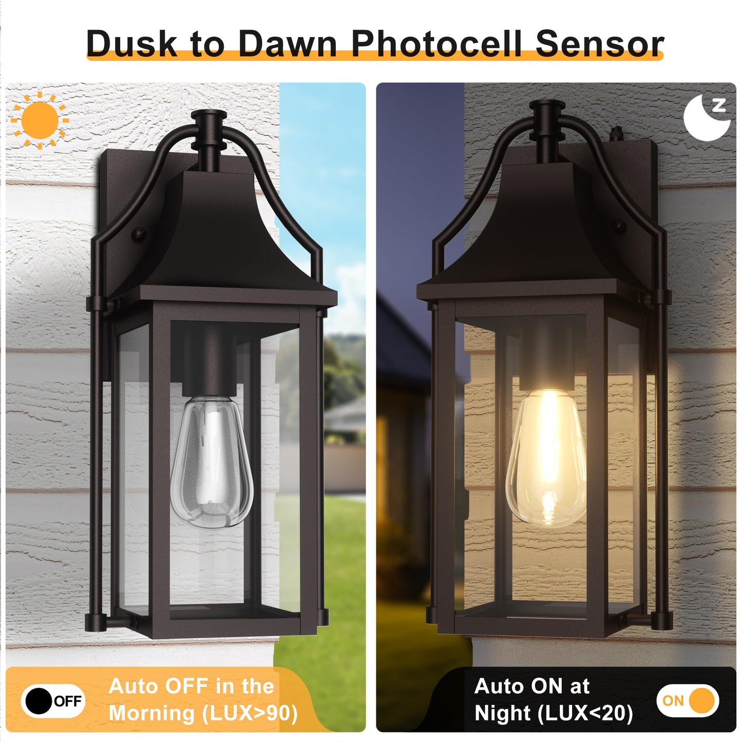 Outdoor Wall Lights Fixtures, Large Size Dusk to Dawn Waterproof Exterior Lanterns, Modern Porch Sconce Wall Mounted with Glass