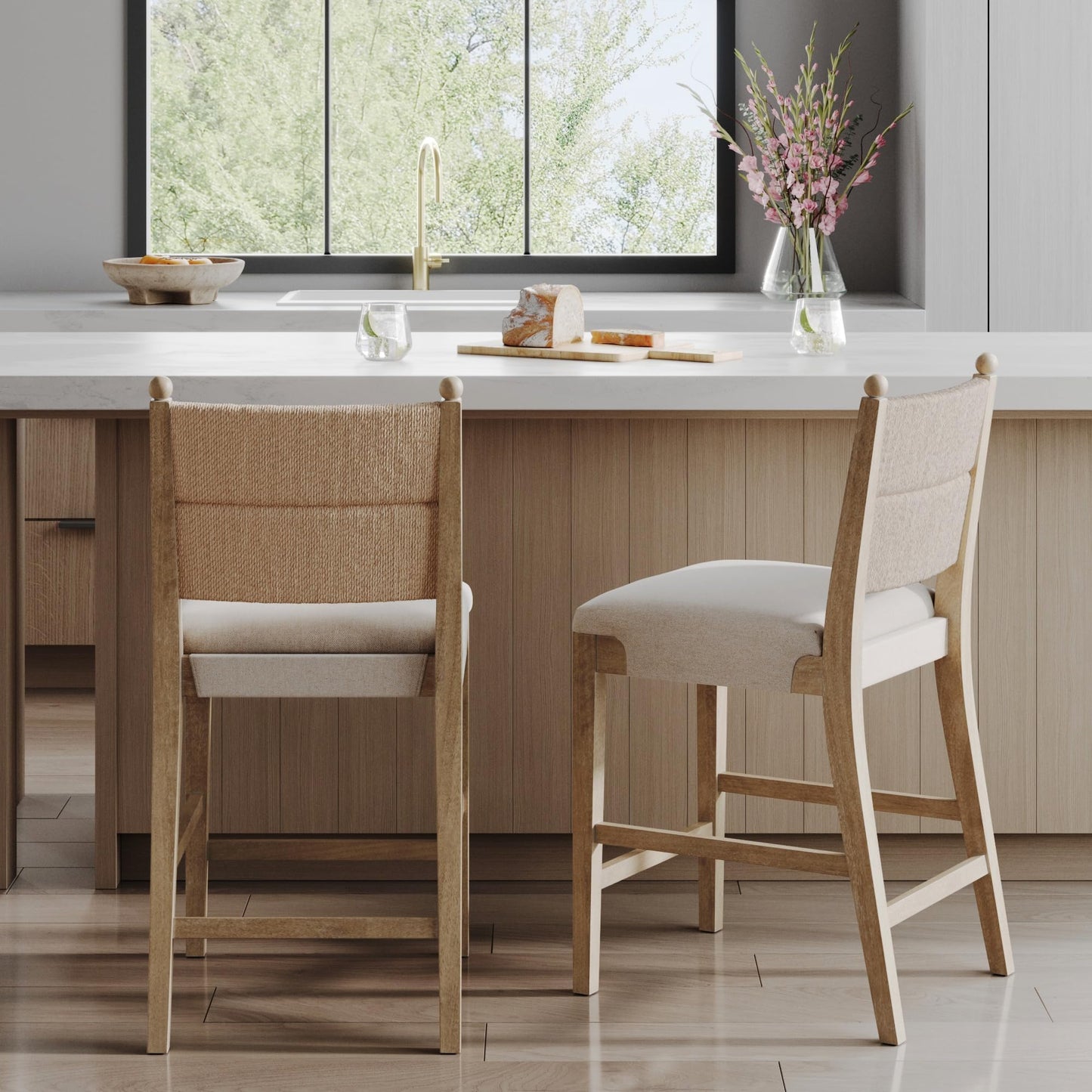 Nathan James Rikki Seagrass Bar Stool with Back, 2-Pack Boucle Counter Stool with Upholstered Seat, Solid Wood Frame, and Woven Seagrass Backrest