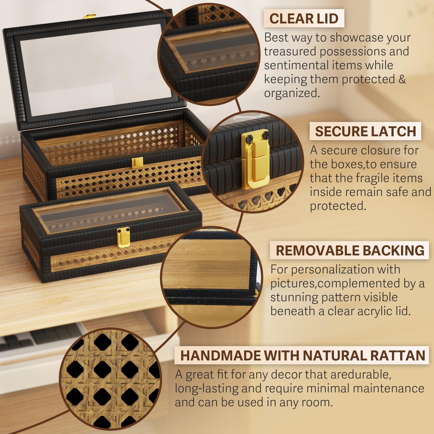 Rattan Decorative Box,Boho Display Boxes with Lids,Set of 2 Rectangular Wicker Storage Decoration,Natural Woven Cane Bins for Home Decor for Rustic Farmhouse(Yellow and Black)