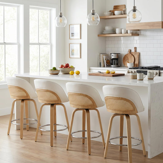 26" Swivel Bar Stools with Rattan Backrest Set of 4