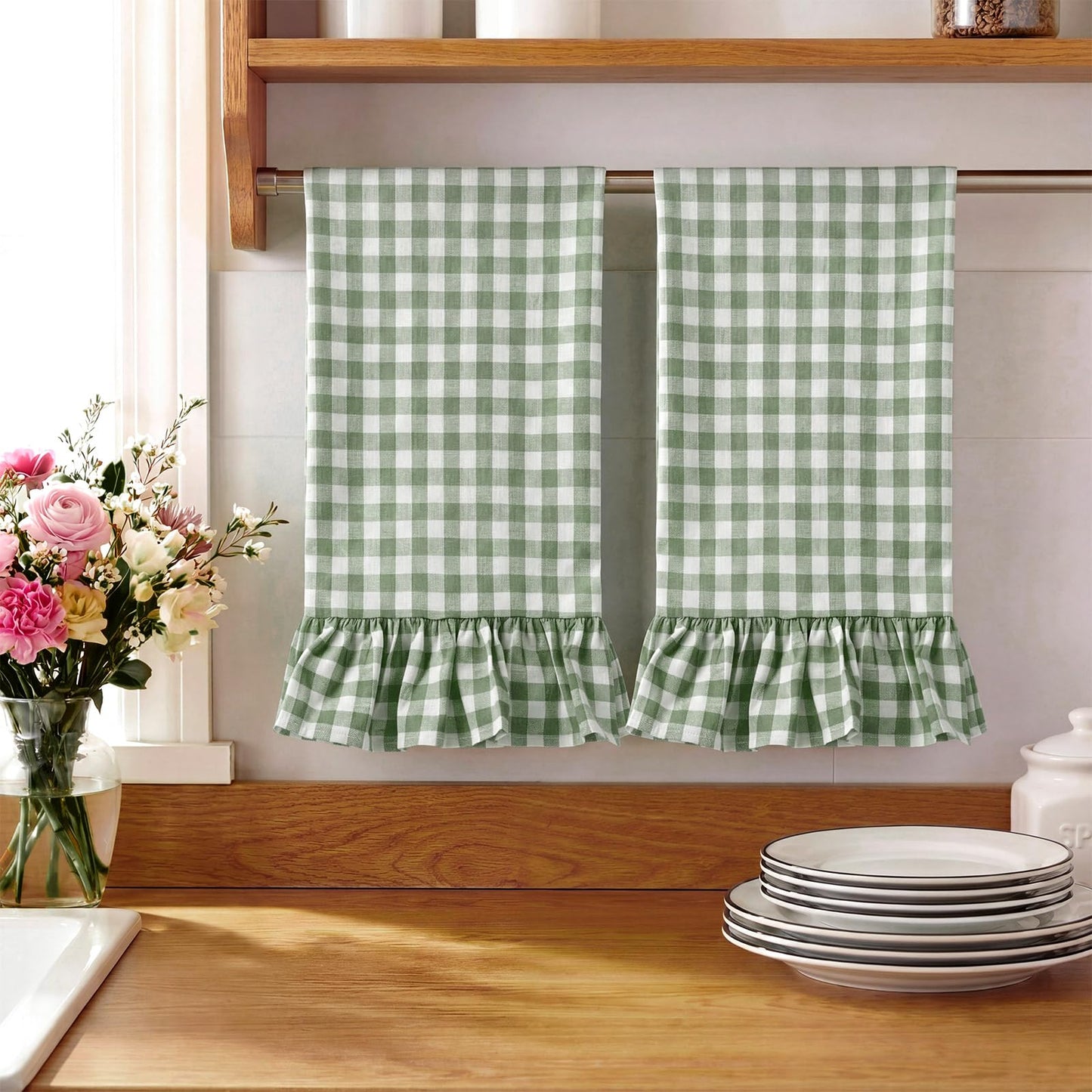 HunnmingRe Taupe Kitchen Towels Set of 2, 100% Cotton Ruffled Gingham Dish Towels 18"x28" Tea Cloths Classic Plaid Pattern for Farmhouse Charm, Drying Dishes, Entertaining Guests