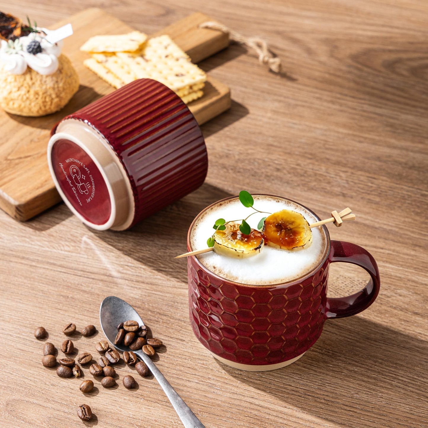 GBhome 12OZ Stackable Coffee Mugs, Ceramic Coffee Mugs with Texture Patterns for Man,Woman,Dad,Mom, Modern Coffee Mugs Set of 4 for Latte/Cappuccino/Cocoa. Dishwasher&Microwave Safe, Pale Khaki