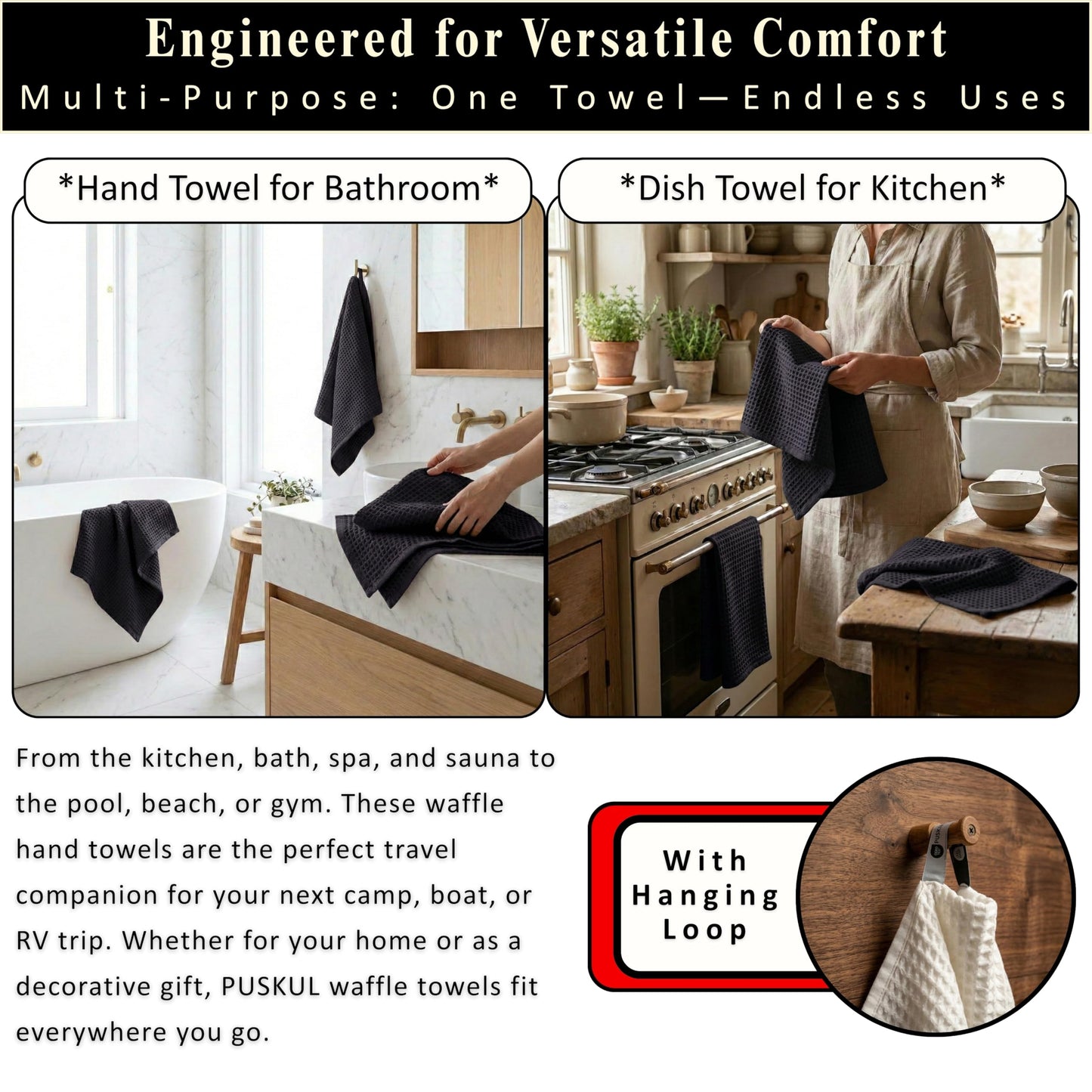 PÜSKÜL Organic Waffle Kitchen Towel Pure 100% Turkish Cotton Set of 3 Natural Raw-Undyed Towel - Premium Quality Soft Quick-Dry Absorbent Lint-Free Hand & Dish Towels Large 32X16 (3, Natural Beige)