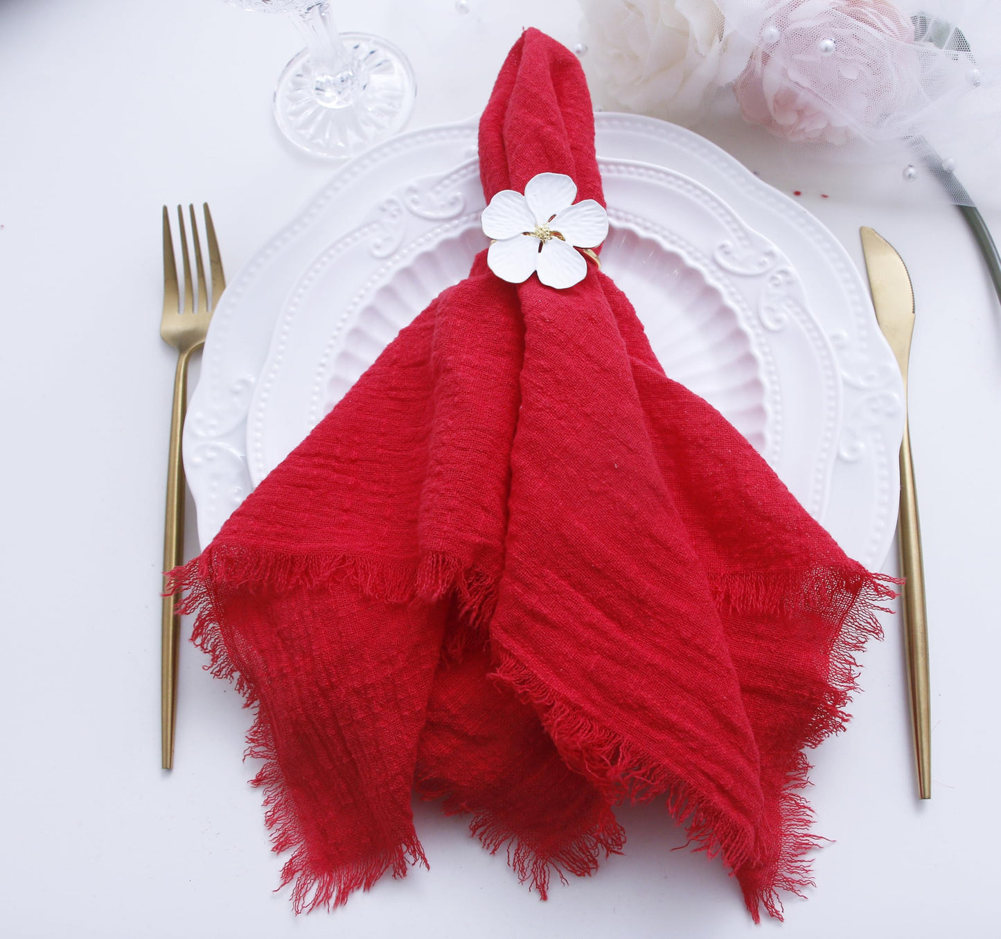 Cloth Napkins with Fringe Set of 12,100% Soft Cotton, Gauze Washable Easter Napkins for Wedding Decorative Dinner Parties, Valentine's Day (16''*16'') Light Blue