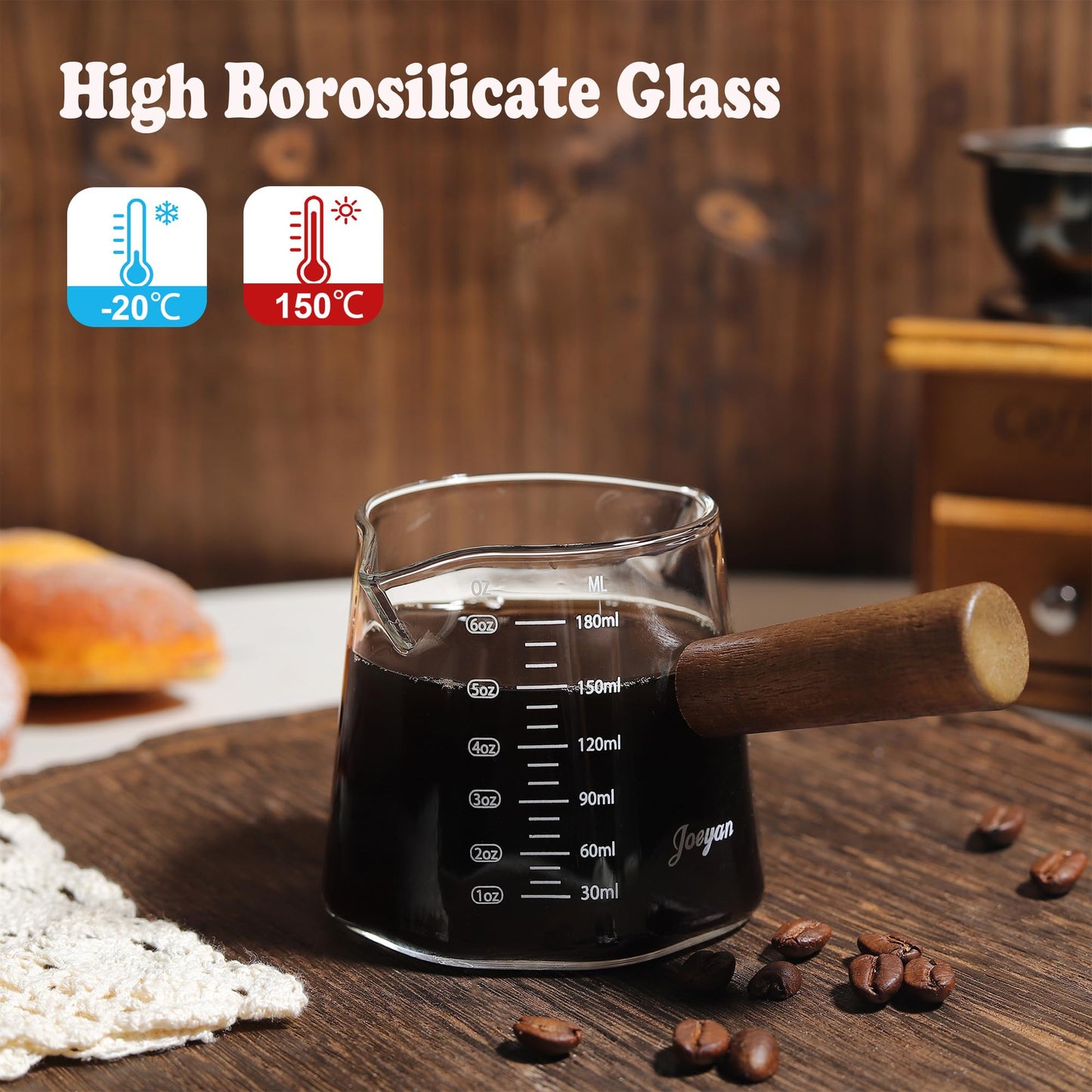 Joeyan 6 oz Glass Measuring Cups with Spout,Borosilicate Glass Triple Pitcher with Scale,Origami Style Espresso Shot Glasses with Wood Handle for Coffee Milk,Dishwasher Safe