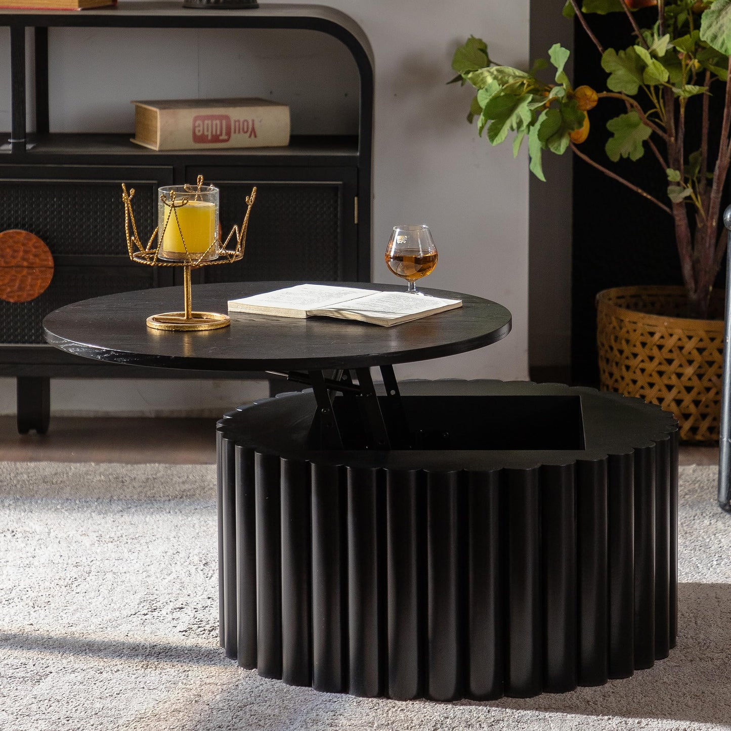 WILLIAMSPACE 43.31" Rectangle Coffee Table with Burl Wood Veneer & Sturdy Base, Modern Luxury Wood Drum Center Table End Table Accent Side Table for Living Room, Minimalist Fluted Design, Oak