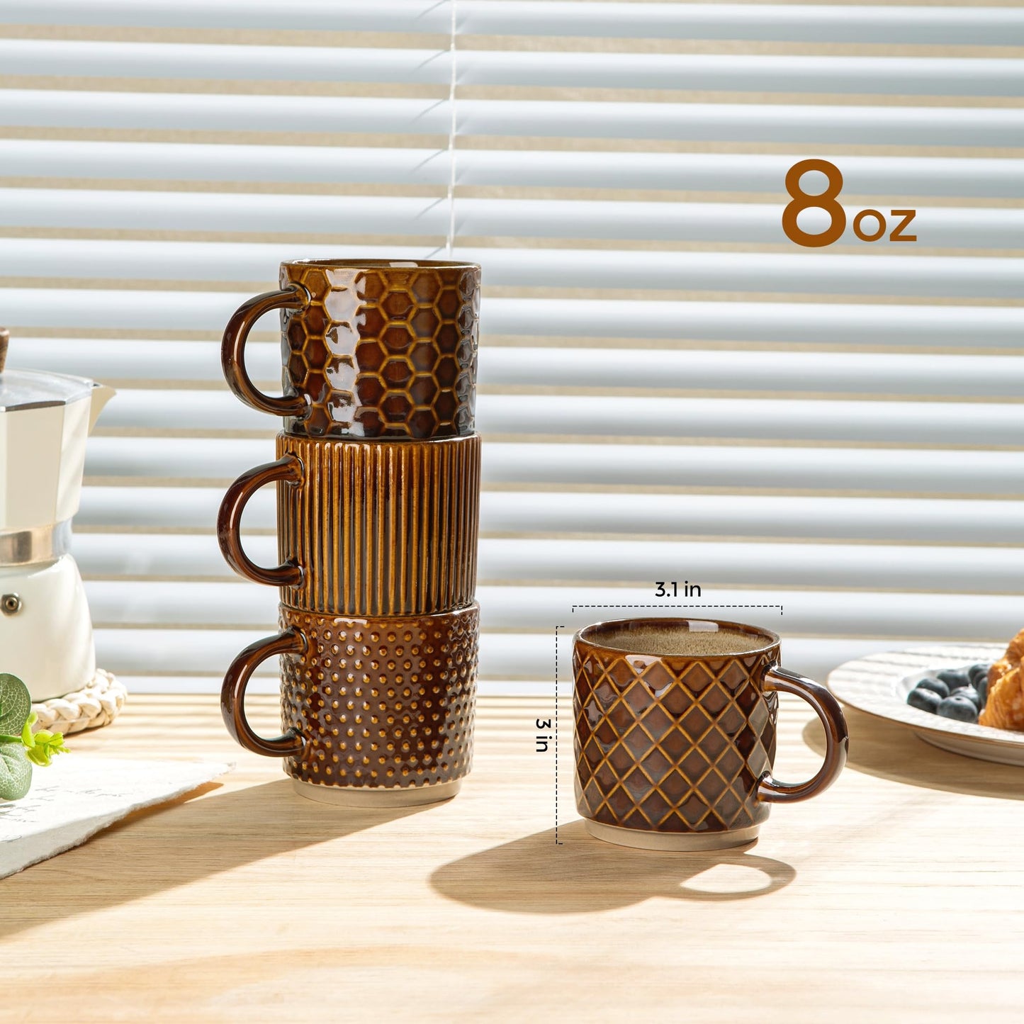 GBhome 12OZ Stackable Coffee Mugs, Ceramic Coffee Mugs with Texture Patterns for Man,Woman,Dad,Mom, Modern Coffee Mugs Set of 4 for Latte/Cappuccino/Cocoa. Dishwasher&Microwave Safe, Pale Khaki