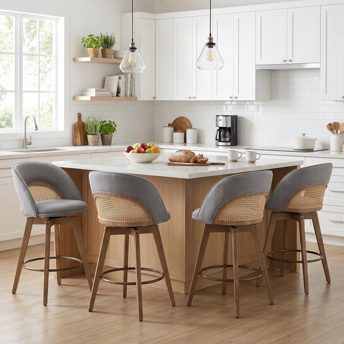 EALSON Bar Stools Set of 4, 26" Swivel Barstools with Rattan Backrest, Modern Faux Leather Upholstered Counter Height Bar Stools with Wood Legs & Bronze Footrest for Kitchen Island/Living Room, Brown