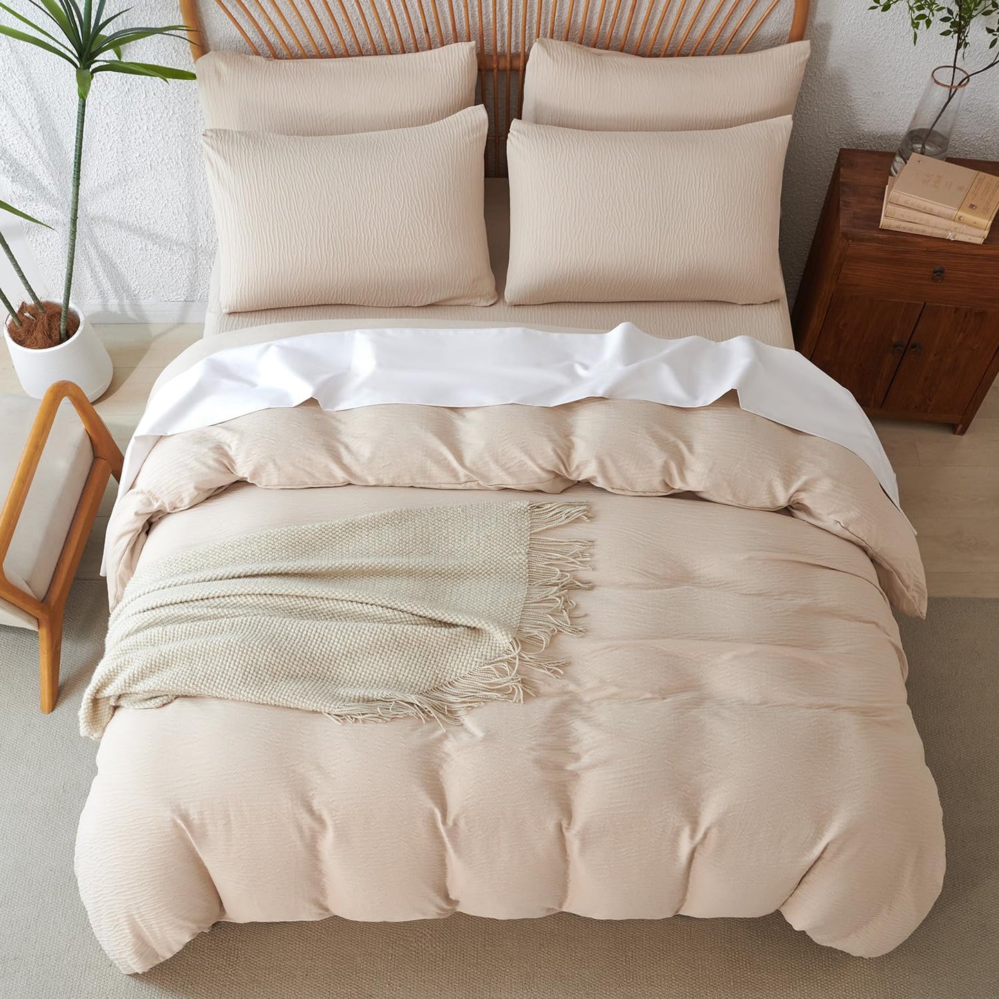 Striped Duvet Cover Queen Beige Washed Microfiber Jacquard 3 Pieces Bedding Set, White Beige Vertical Ticking Stripes Pattern Comforter Cover with Zipper Closure Breathable Durable Soft Comfy