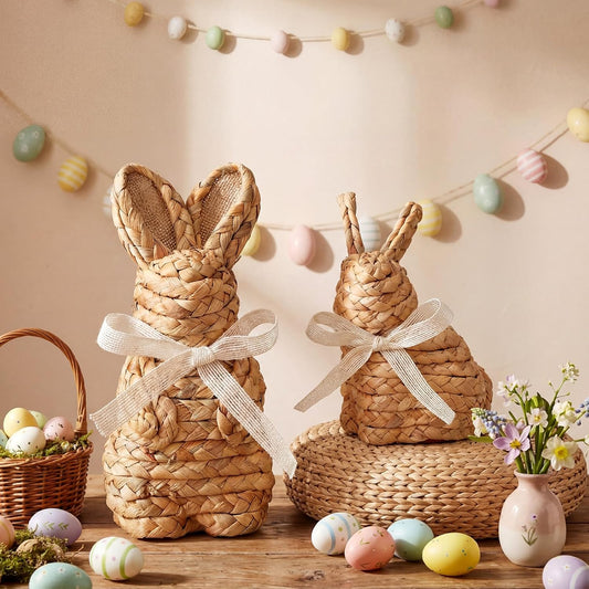 Kathfly Set of 2 Easter Woven Bunny Decor 7 Inch 8 Inch Natural Rattan Easter Bunny Figurine Spring Woven Rabbit Figurine Statues Table Centerpieces Decorations for Home Farmhouse Decor