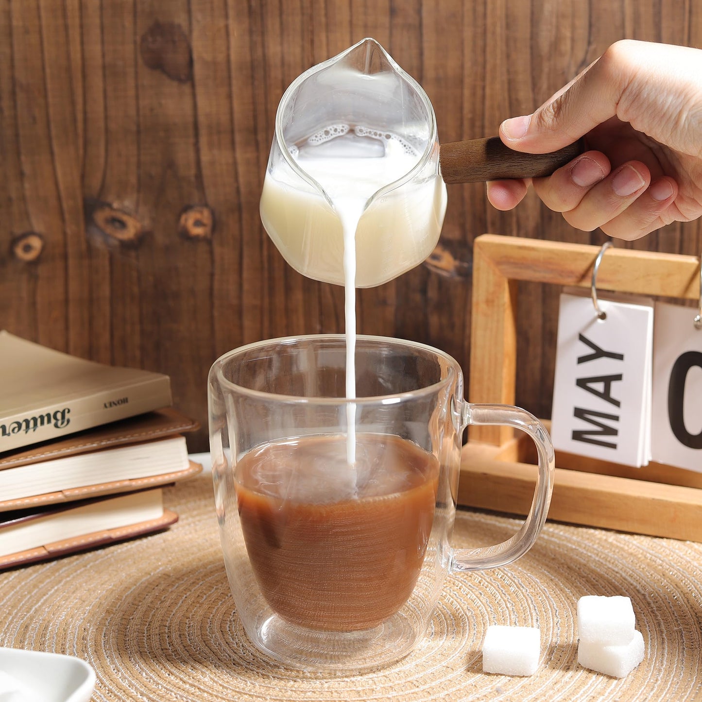 Joeyan 6 oz Glass Measuring Cups with Spout,Borosilicate Glass Triple Pitcher with Scale,Origami Style Espresso Shot Glasses with Wood Handle for Coffee Milk,Dishwasher Safe
