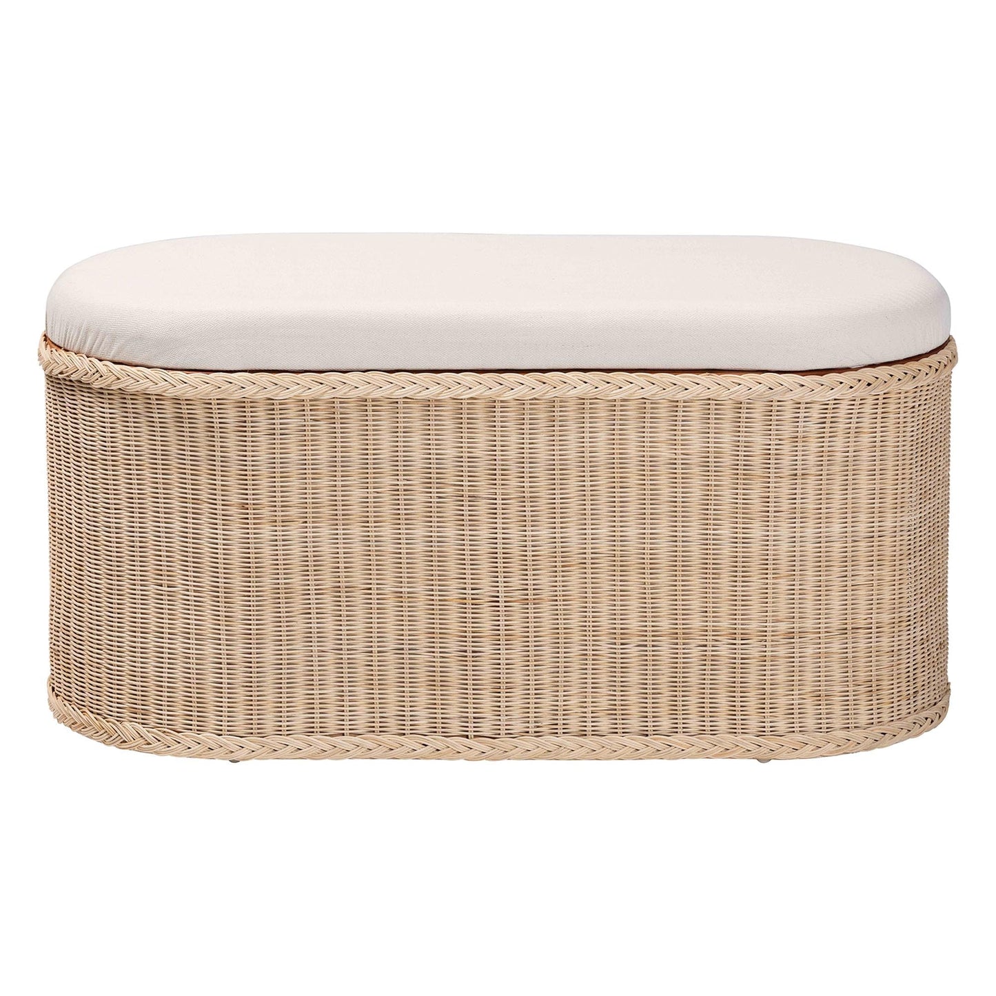 Braided Natural Rattan Storage Bench with Cushioned Lift-Top Lid