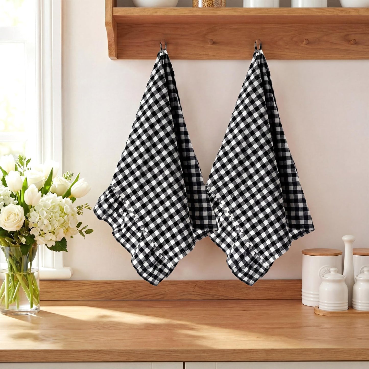 HunnmingRe Taupe Kitchen Towels Set of 2, 100% Cotton Ruffled Gingham Dish Towels 18"x28" Tea Cloths Classic Plaid Pattern for Farmhouse Charm, Drying Dishes, Entertaining Guests