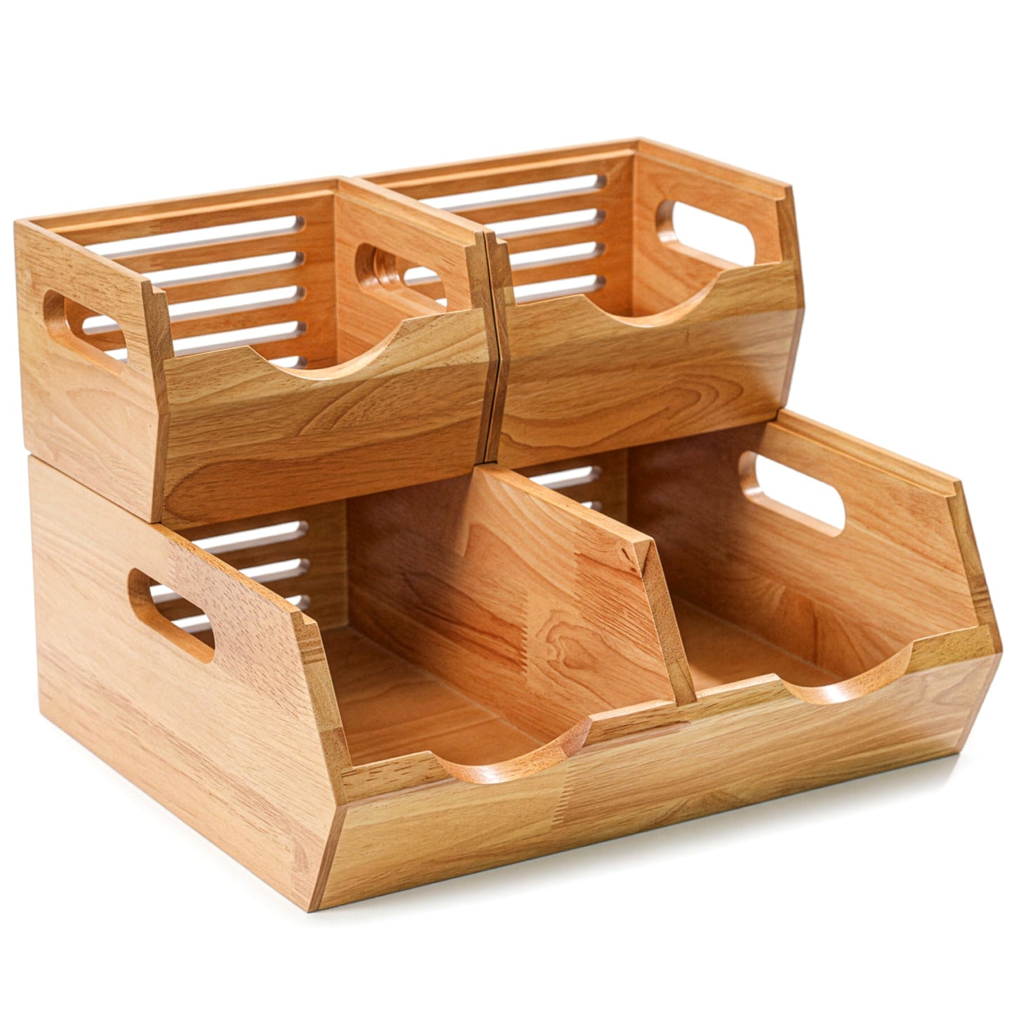 HOMESTEAD Stackable Solid Wood Storage Bins for Kitchen Pantry & Countertop, Ventilated Potato and Onion Basket Organizer with Handles, Wooden Produce Storage Containers, 3-Pack, Chestnut Finish