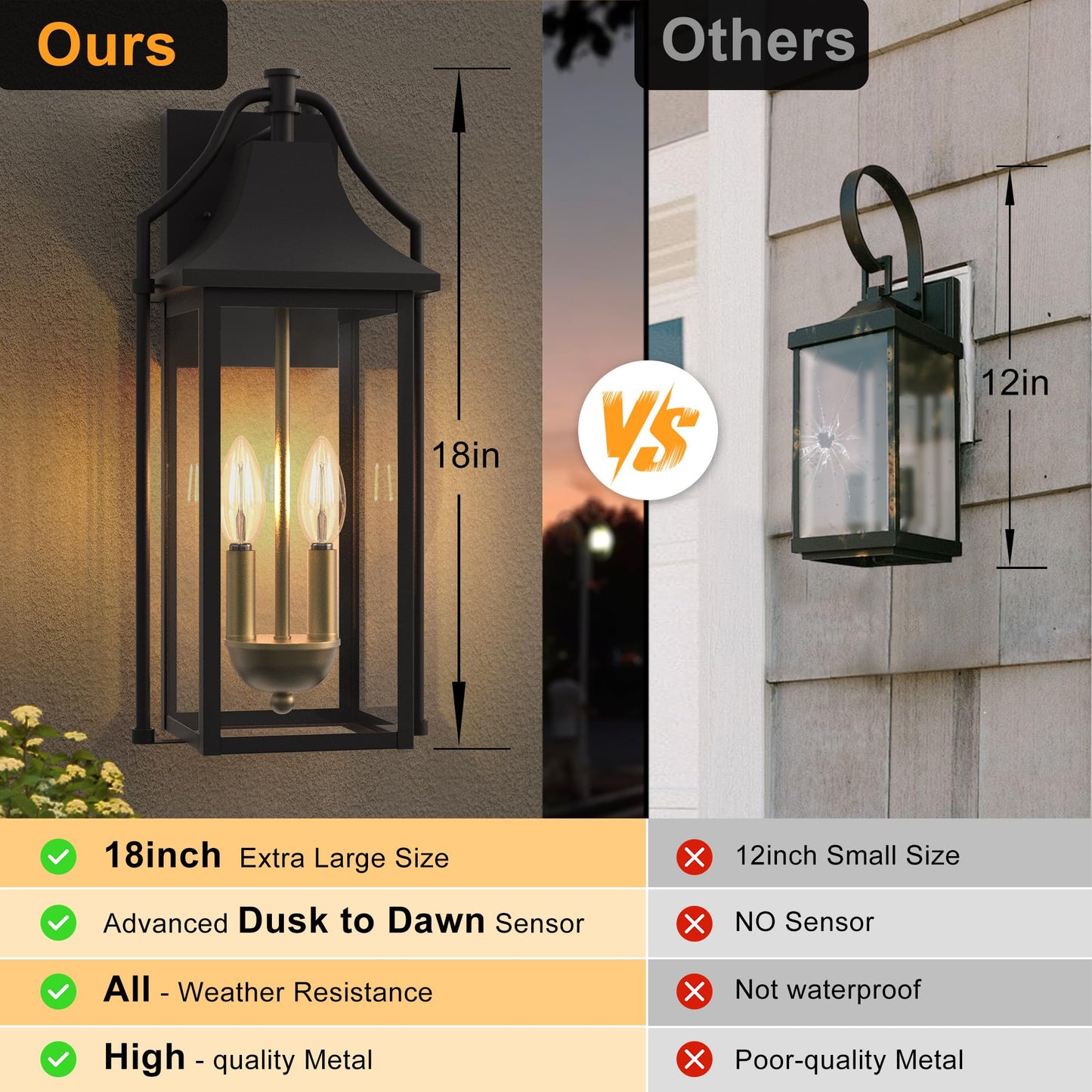 Outdoor Wall Lights Fixtures, Large Size Dusk to Dawn Waterproof Exterior Lanterns, Modern Porch Sconce Wall Mounted with Glass