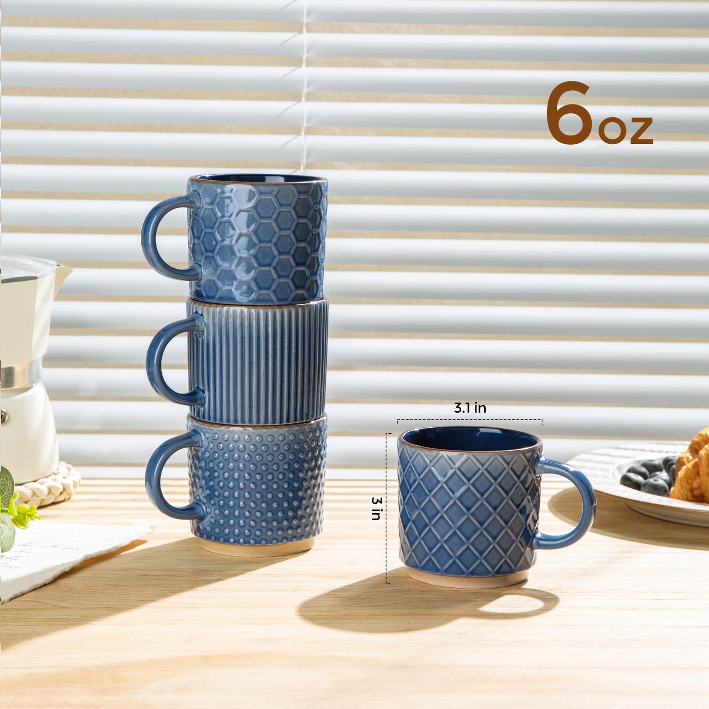 GBhome 12OZ Stackable Coffee Mugs, Ceramic Coffee Mugs with Texture Patterns for Man,Woman,Dad,Mom, Modern Coffee Mugs Set of 4 for Latte/Cappuccino/Cocoa. Dishwasher&Microwave Safe, Pale Khaki