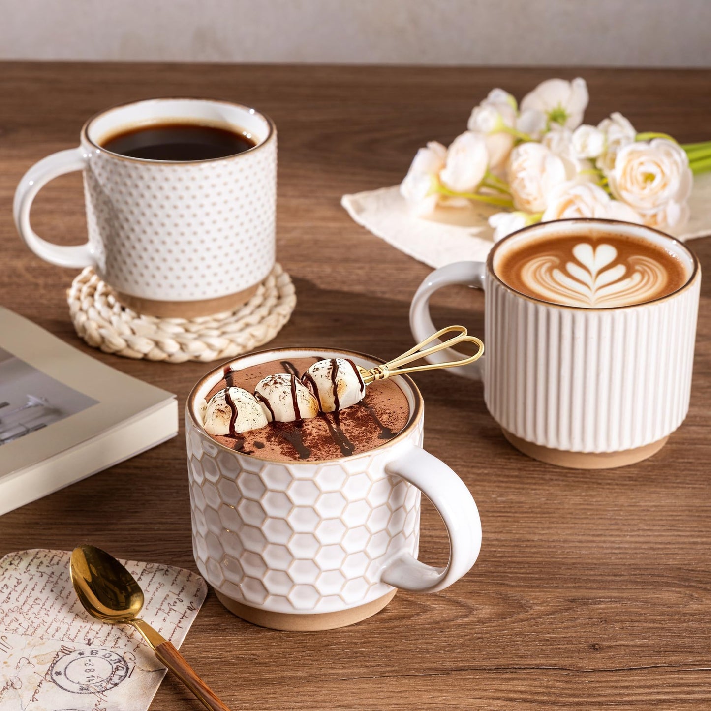 GBhome 12OZ Stackable Coffee Mugs, Ceramic Coffee Mugs with Texture Patterns for Man,Woman,Dad,Mom, Modern Coffee Mugs Set of 4 for Latte/Cappuccino/Cocoa. Dishwasher&Microwave Safe, Pale Khaki