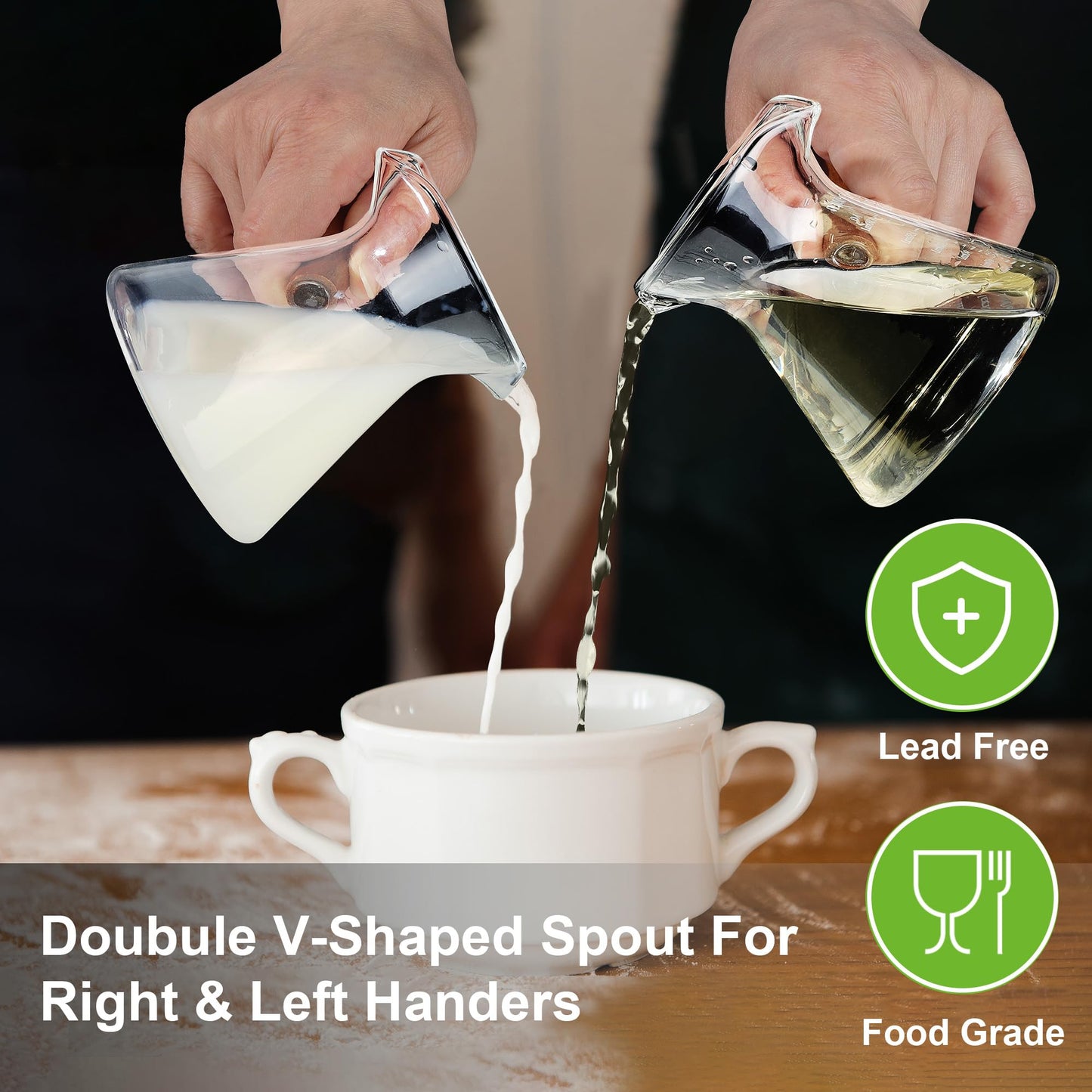 Joeyan 6 oz Glass Measuring Cups with Spout,Borosilicate Glass Triple Pitcher with Scale,Origami Style Espresso Shot Glasses with Wood Handle for Coffee Milk,Dishwasher Safe