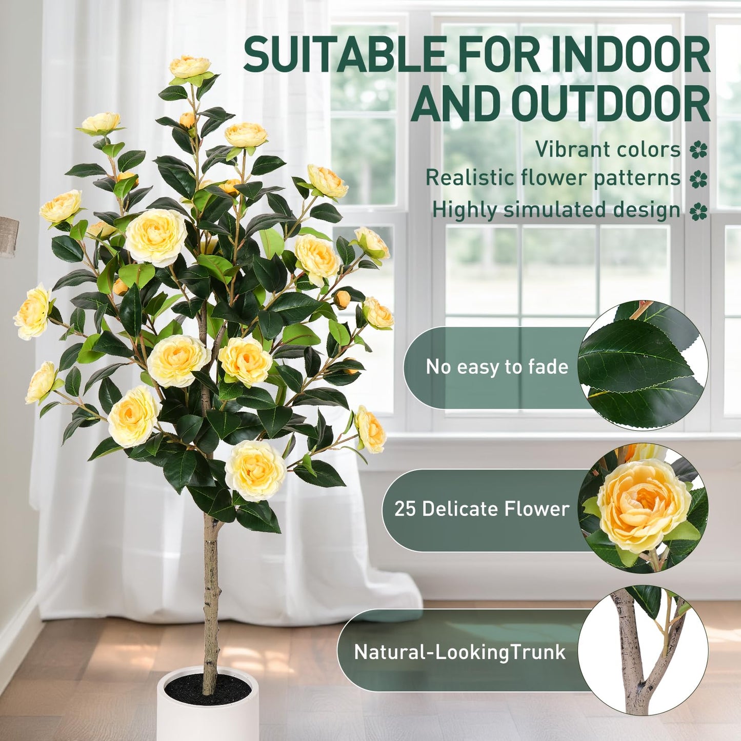 Yepdin 63 inch Artificial Camellia Tree with White Flower Pots - White Fake Tree,5 Ft Faux Plants Indoor wich Blooming,Artificial Plants for Indoor & Outdoor Home Front Door Decor