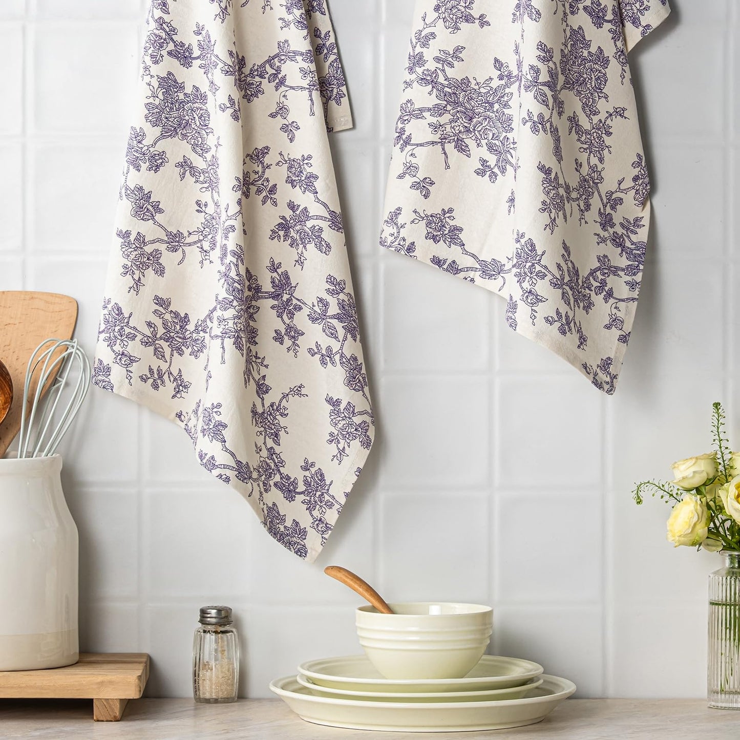 100% Cotton French Pastoral Kitchen Towels Set of 2, Decorative Flour Sack Tea Towels with Hanging Loop 18x25 Inch Absorbent Dish Cloths Farmhouse Home Decor, Brown