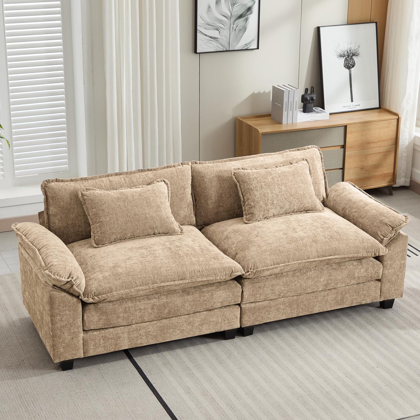 120" Modular Sectional Sofa, Comfy Cloud Couch Sectional Sofa with Ottoman, Chenille Sofa Sleeper Deep Seat Sofa with Throw Pillows for Living Room (Beige White, 120"- U Shape)