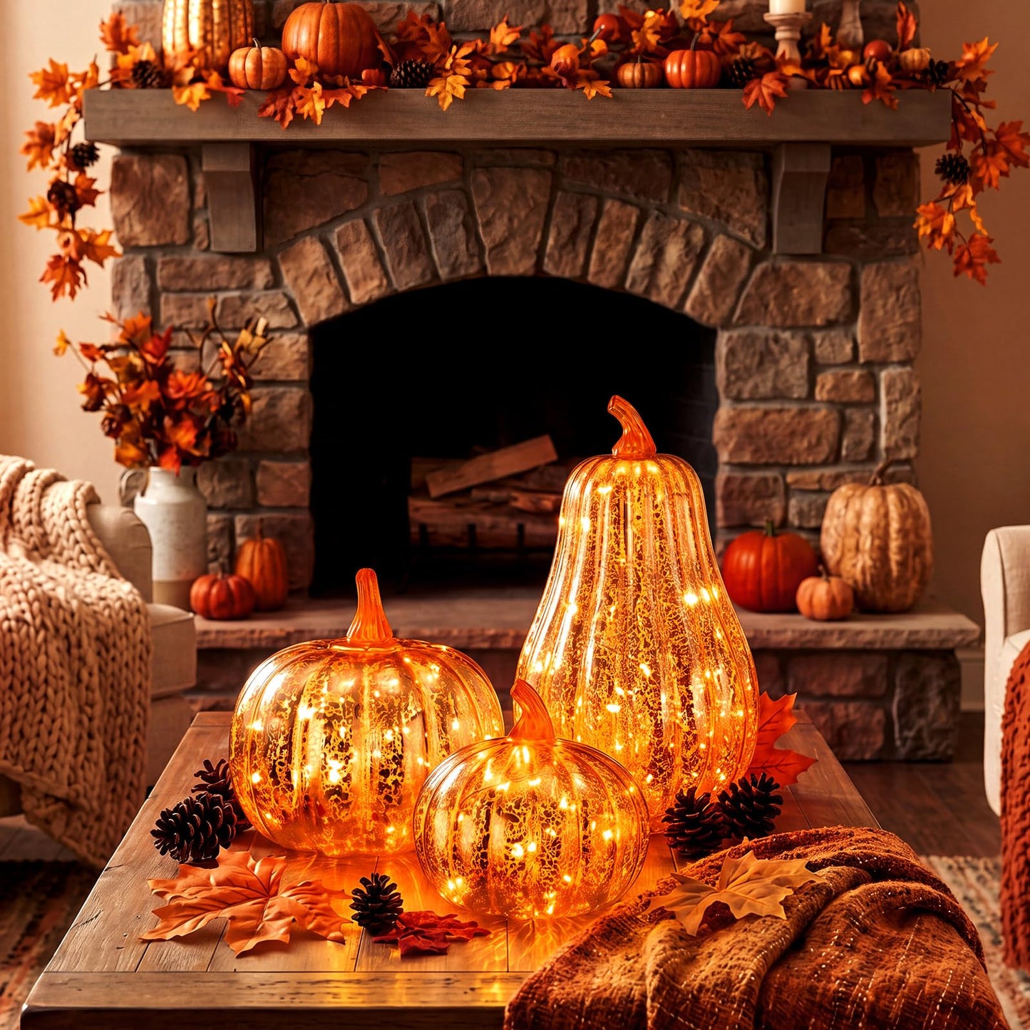 3 Pack Fall Glass Pumpkin with Light