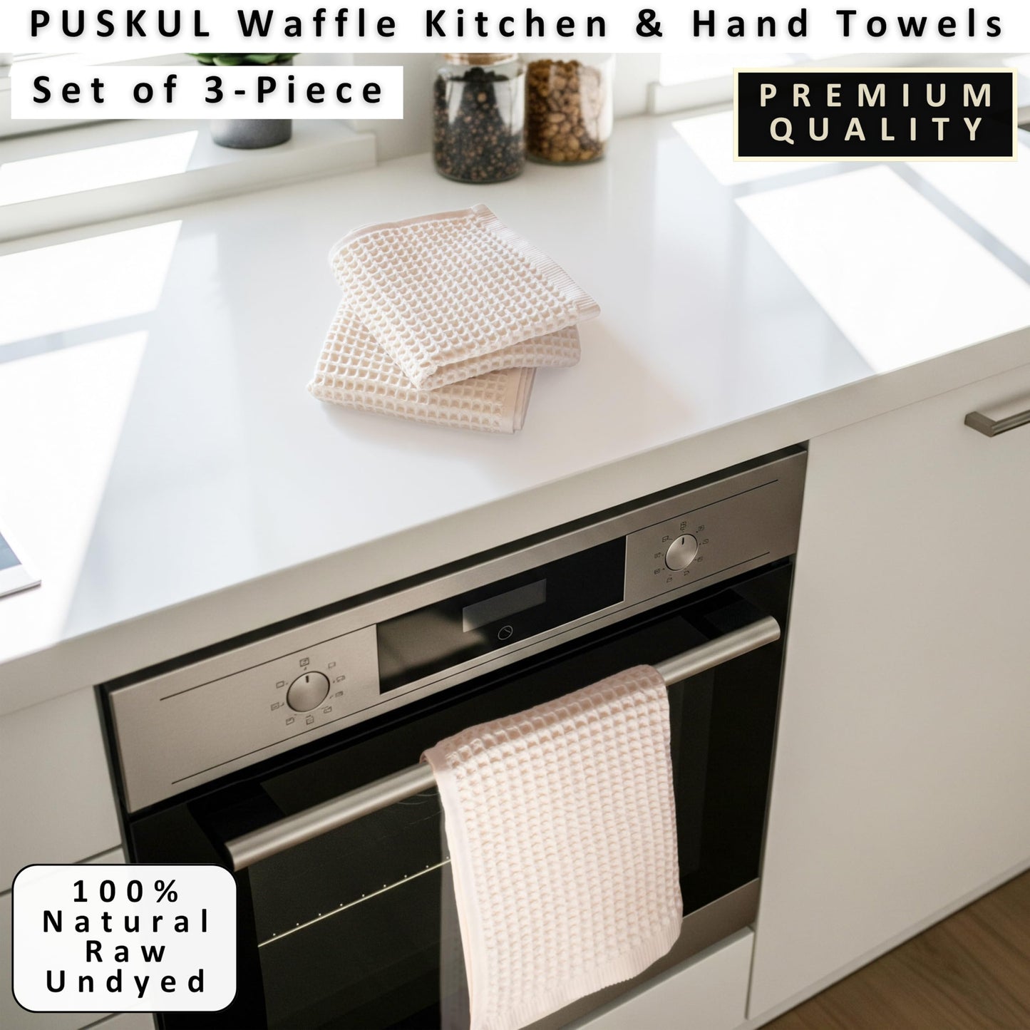 PÜSKÜL Organic Waffle Kitchen Towel Pure 100% Turkish Cotton Set of 3 Natural Raw-Undyed Towel - Premium Quality Soft Quick-Dry Absorbent Lint-Free Hand & Dish Towels Large 32X16 (3, Natural Beige)
