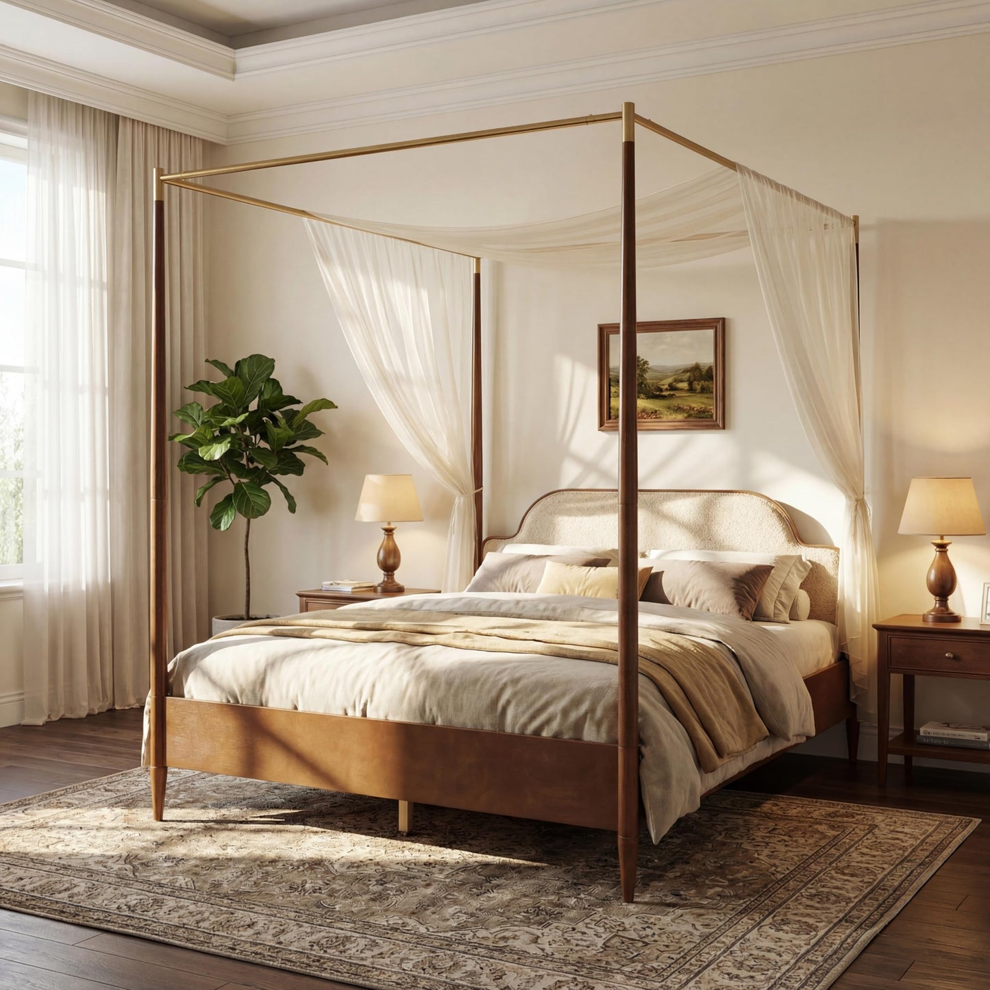 Vintage Upholstered 4-Poster Canopy Bed