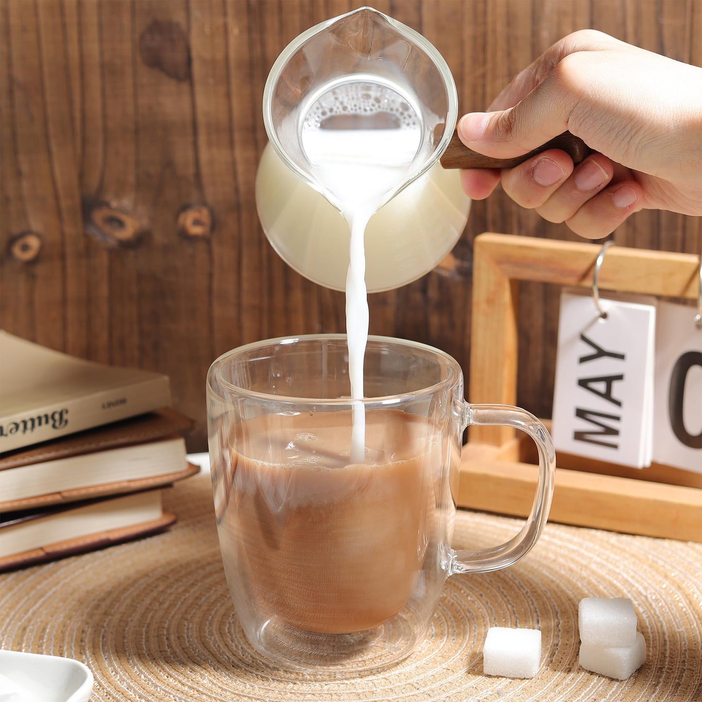Joeyan 6 oz Glass Measuring Cups with Spout,Borosilicate Glass Triple Pitcher with Scale,Origami Style Espresso Shot Glasses with Wood Handle for Coffee Milk,Dishwasher Safe