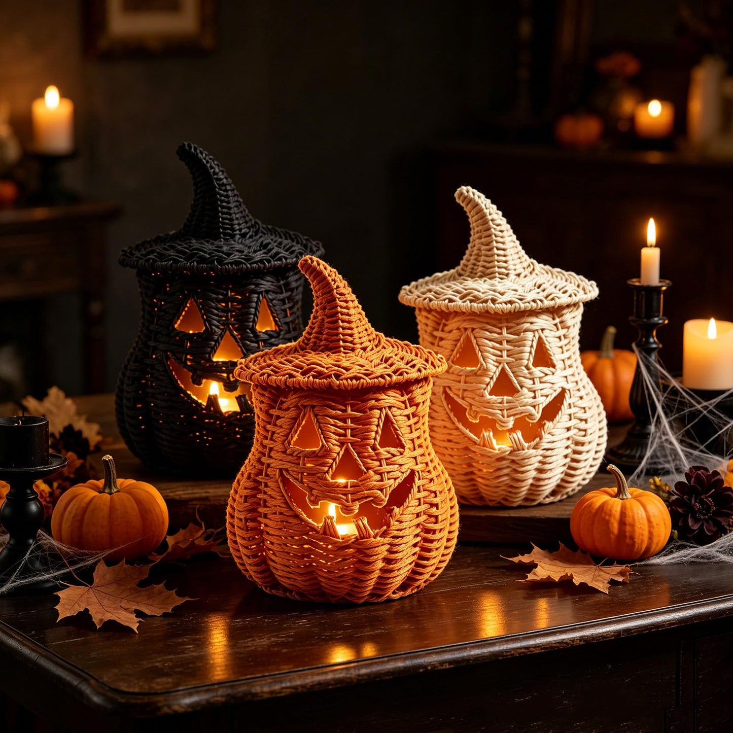 Rattan Lantern Pumpkin Candle Holder with Witch Hat Shape Lid