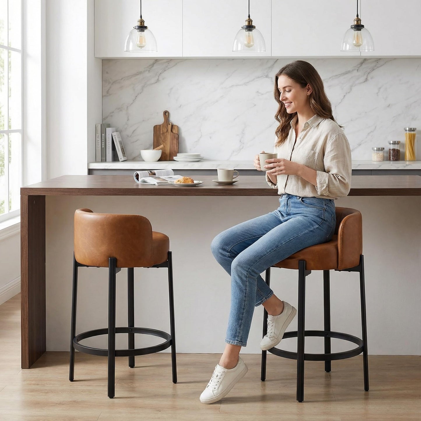 LukeAlon Mid Century Linen Counter Stools Set of 3, Upholstered 26.5" Seat Height Low Barstools with Natural Wood Legs Round Low Back Kitchen Stools with Footrest for Dining Room, Beige