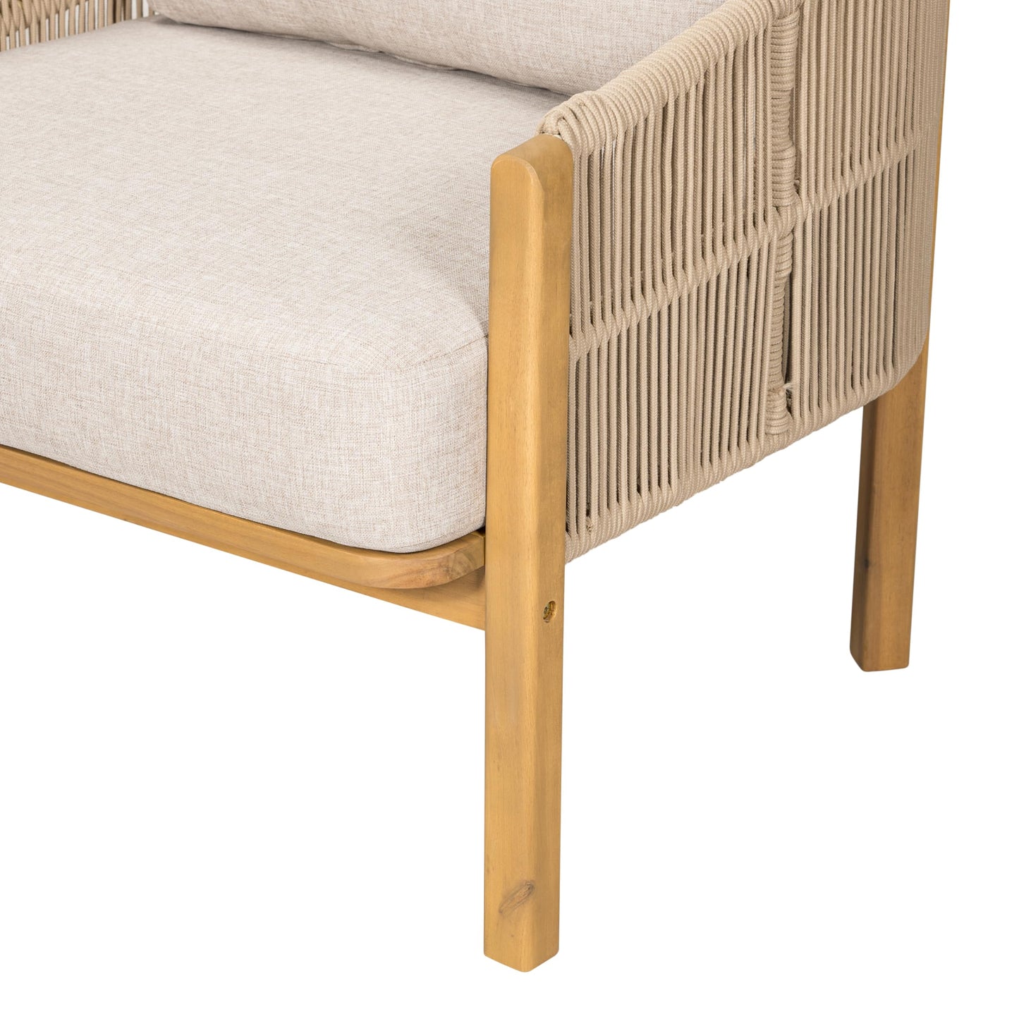 Merax Patio Chairs Set of 2, Acacia Wood Outdoor Club Chair with Cozy 5.75" Thick Cushion & Rope-Weave Backrest, Bohe Style Patio Dining Armchair Chairs for Garden Balcony Outside Dining Relax, Beige