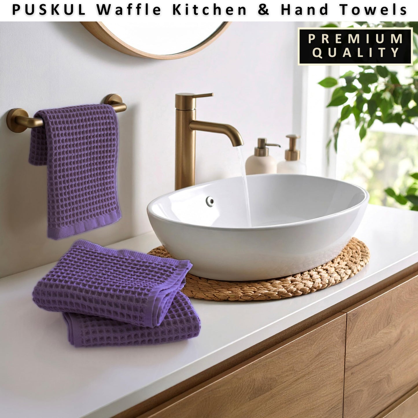 PÜSKÜL Organic Waffle Kitchen Towel Pure 100% Turkish Cotton Set of 3 Natural Raw-Undyed Towel - Premium Quality Soft Quick-Dry Absorbent Lint-Free Hand & Dish Towels Large 32X16 (3, Natural Beige)