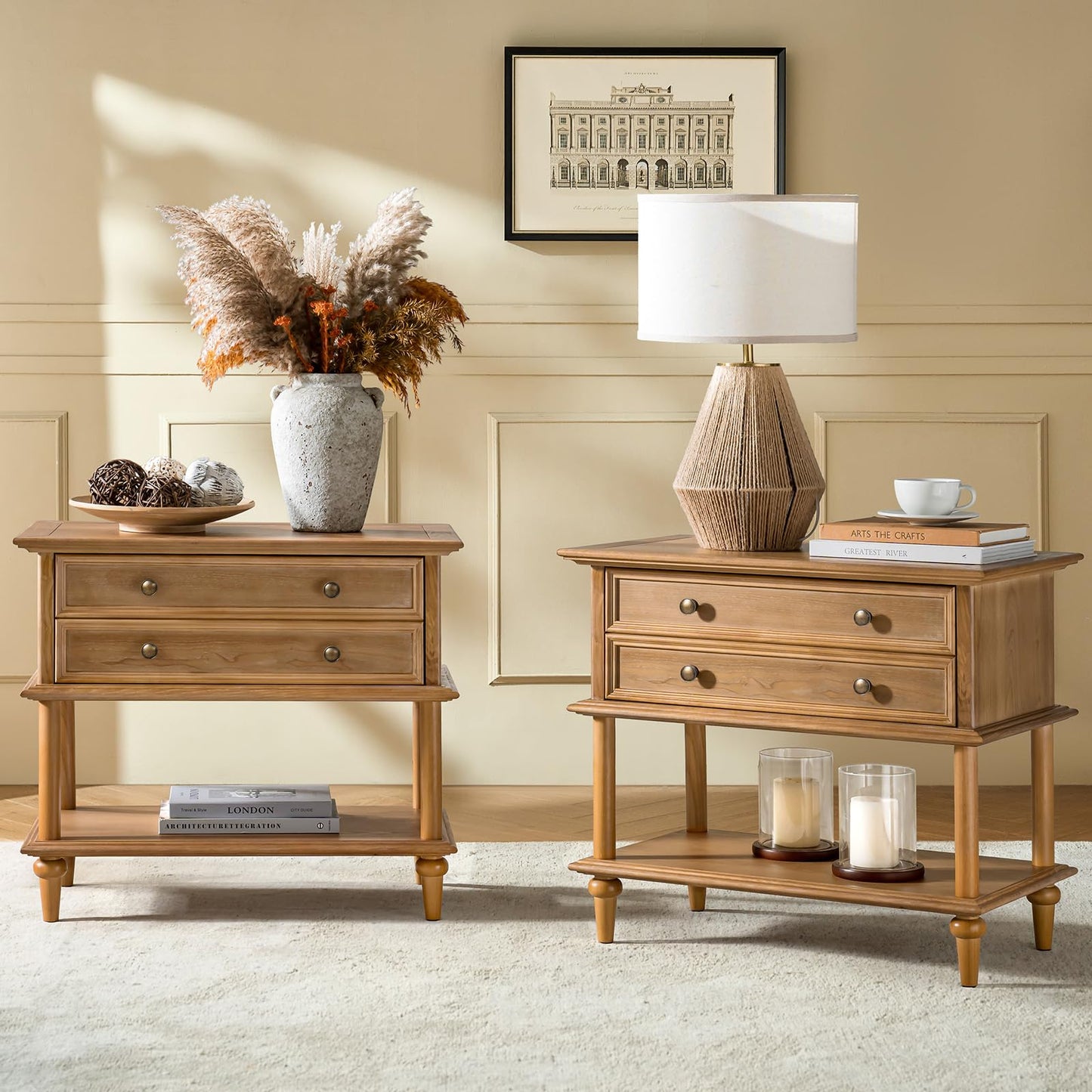 Natural Wood Nightstand with Drawer & Open Shelf