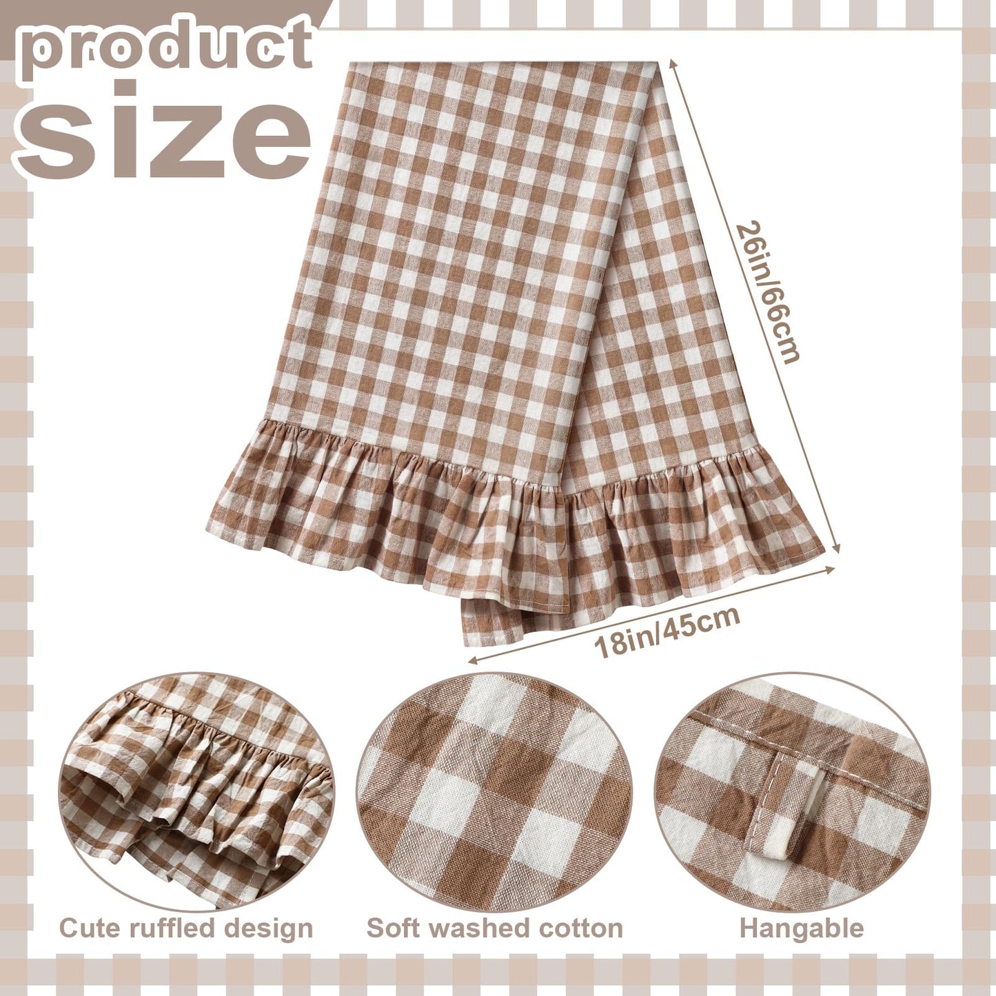 HunnmingRe Taupe Kitchen Towels Set of 2, 100% Cotton Ruffled Gingham Dish Towels 18"x28" Tea Cloths Classic Plaid Pattern for Farmhouse Charm, Drying Dishes, Entertaining Guests
