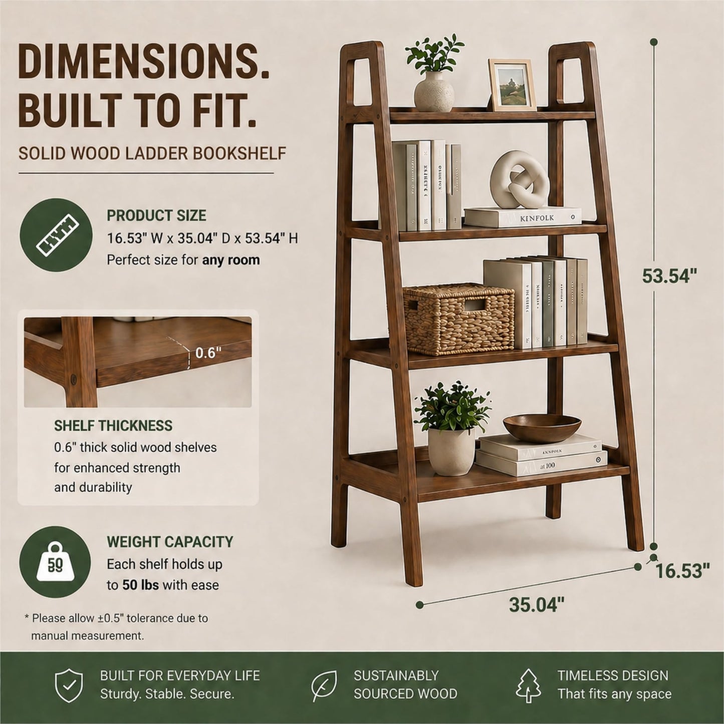 Solid Oak 3 Tier Ladder Bookshelf