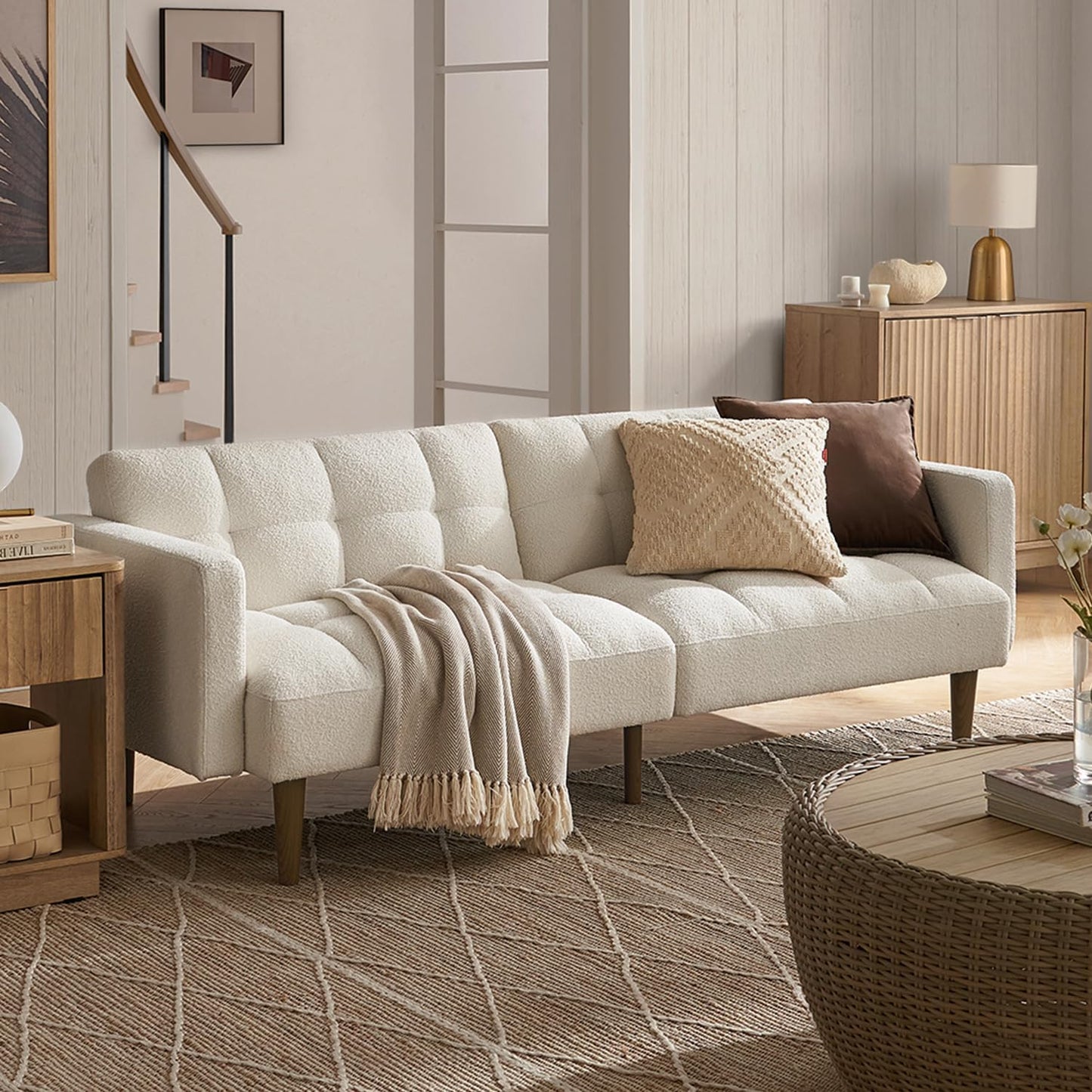 Futon Sofa Sleeper Couch (Pearl White Boucle)