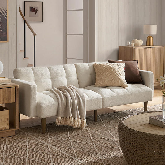 Futon Sofa Sleeper Couch (Pearl White Boucle)