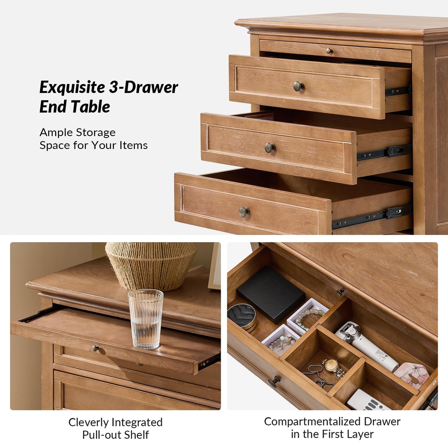 Solid Wood 3 Drawer End Table with Tray