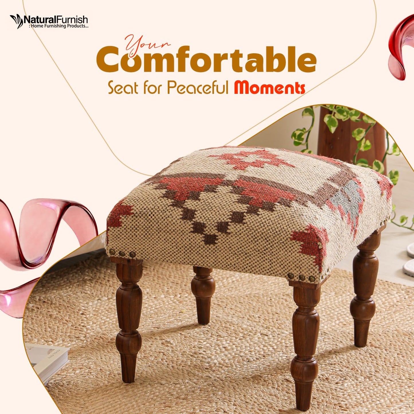 Handmade Jute Ottoman Stool with Wooden Legs