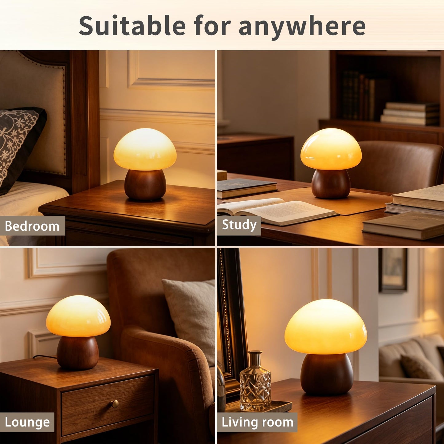 Brass Base Mushroom Table Lamp for Bedroom, Small Desk Lamp with Amber Glass Shade, LED Three Color Temperature Adjustable Brightness Modern Side Table Lighting (H 15.4 in)