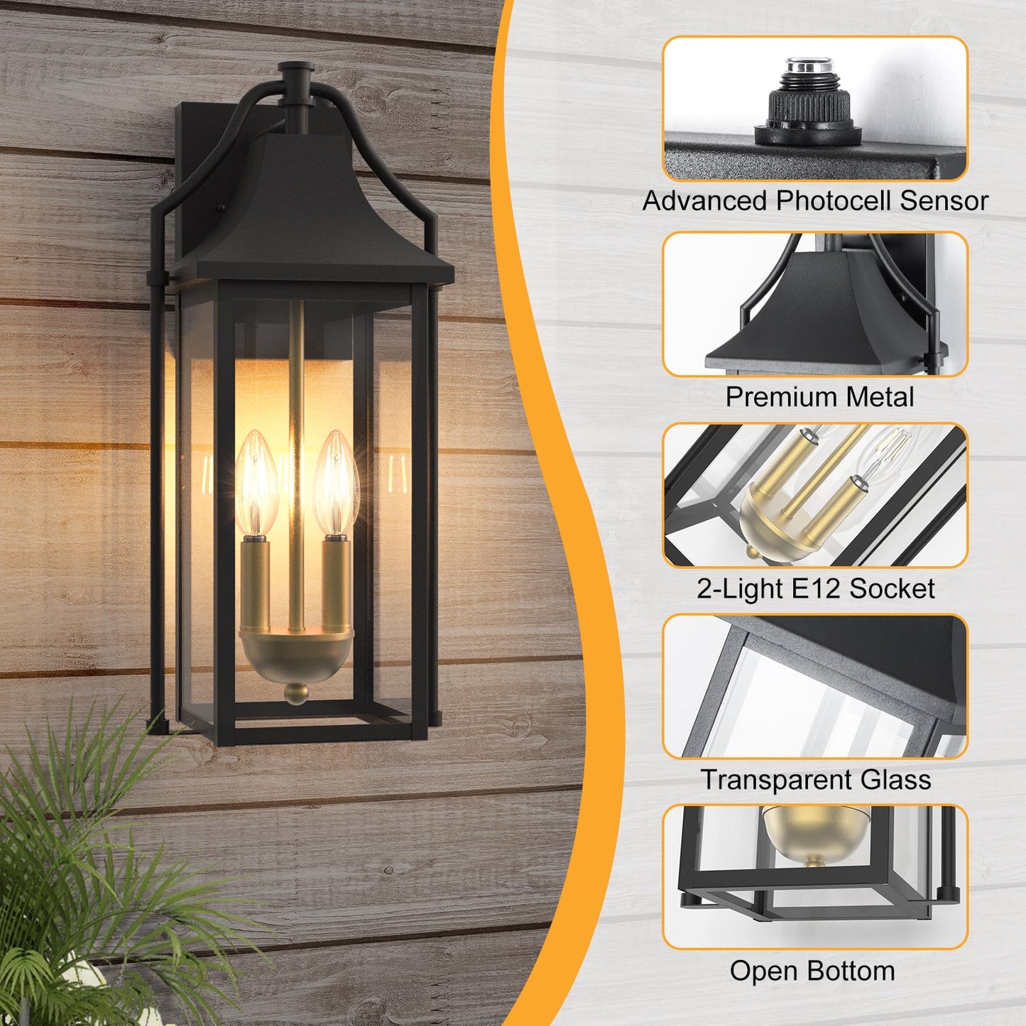 Outdoor Wall Lights Fixtures, Large Size Dusk to Dawn Waterproof Exterior Lanterns, Modern Porch Sconce Wall Mounted with Glass