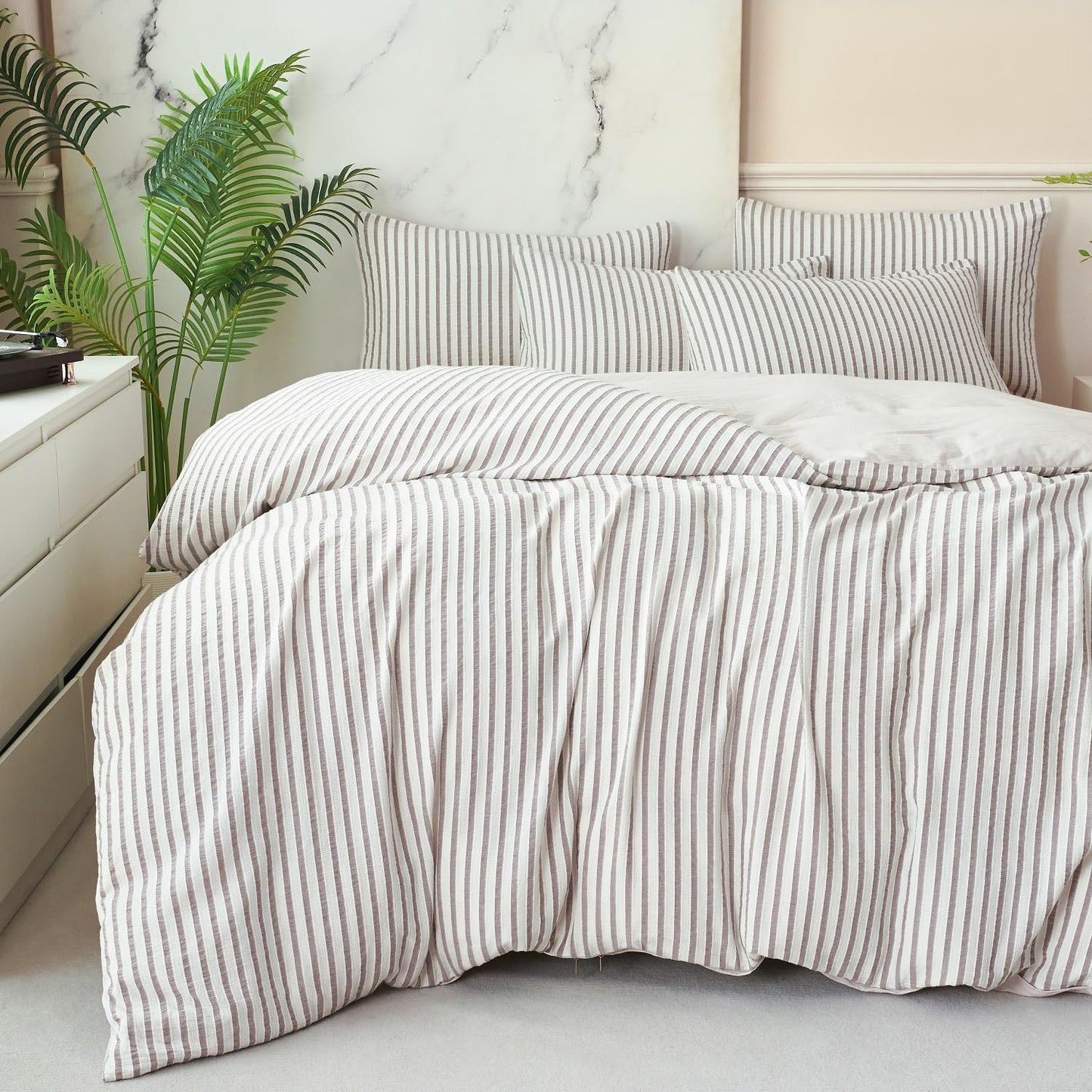 Striped Duvet Cover Queen Beige Washed Microfiber Jacquard 3 Pieces Bedding Set, White Beige Vertical Ticking Stripes Pattern Comforter Cover with Zipper Closure Breathable Durable Soft Comfy