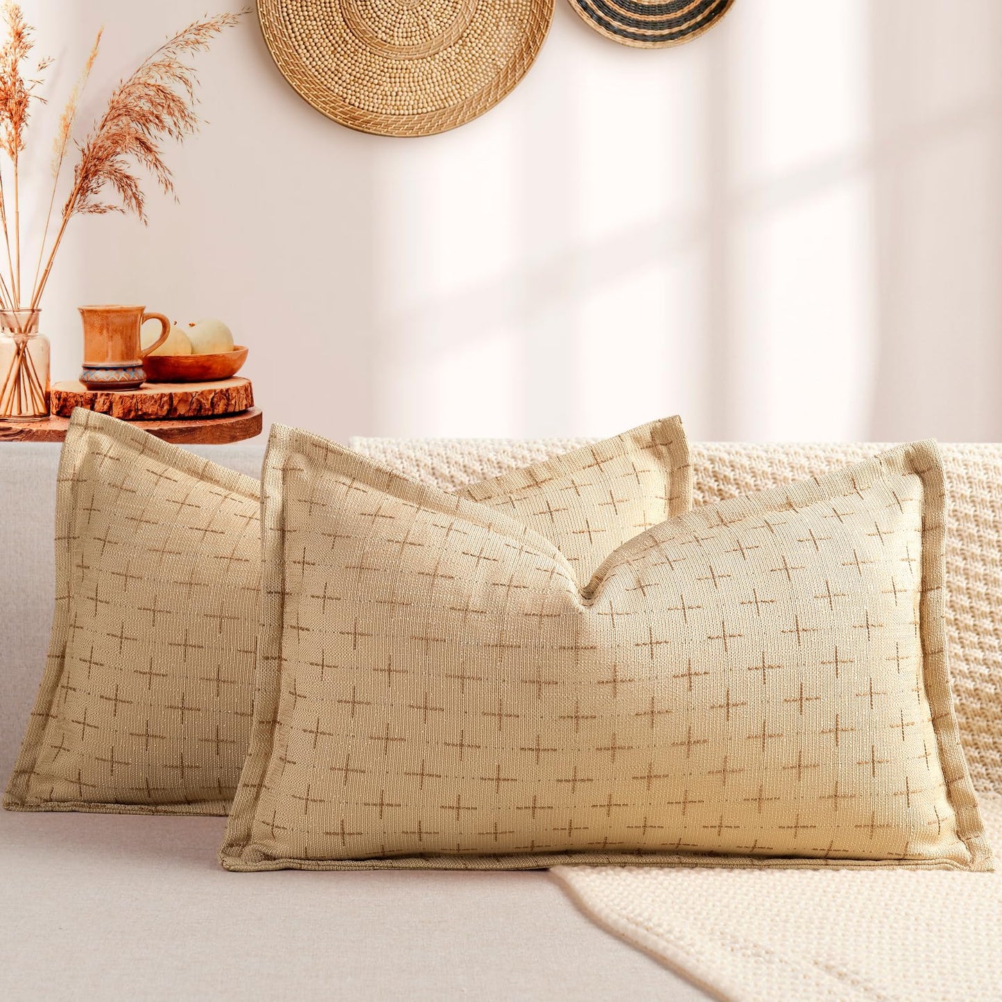 ZWJD Pillow Covers 18x18 Set of 2 Soft Polyester Textured Pillow Covers with Stylish Flange Edge Cozy Farmhouse Throw Pillows for Couch Bed Sofa Living Room