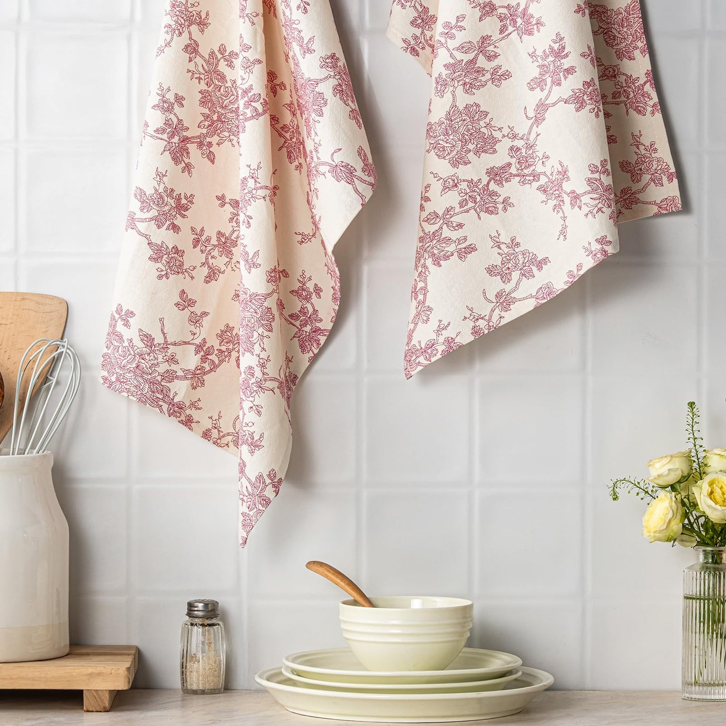 100% Cotton French Pastoral Kitchen Towels Set of 2, Decorative Flour Sack Tea Towels with Hanging Loop 18x25 Inch Absorbent Dish Cloths Farmhouse Home Decor, Brown