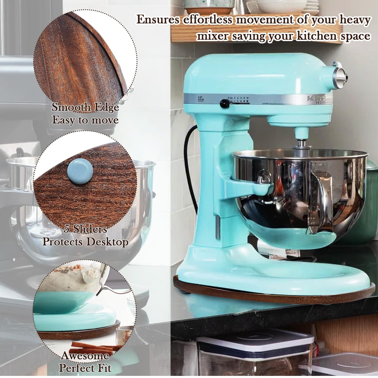 Acacia Wood Mixer Slider Mat for Kitchen Aid 4.5-5 Qt Tilt-Head Stand Mixer Kitchen Appliance Slider Tray Countertop Storage Attachments
