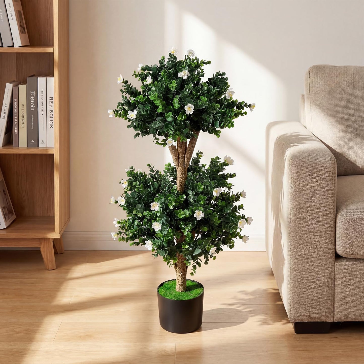 Set of 2 Faux Bush Plant w/41 Blossoms, Cement-Filled Plastic Pot